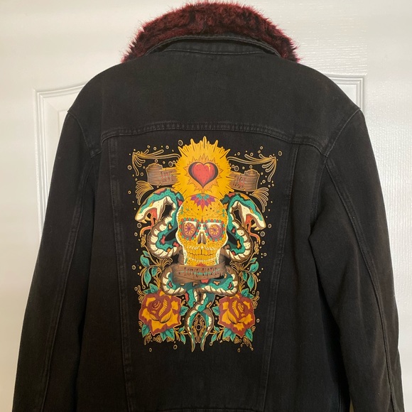 Zara Black Denim Jacket With Faux Red Fur - Picture 4 of 5